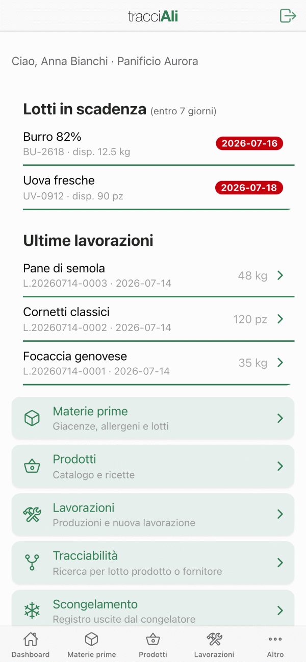 La schermata principale dell'app tracciAli: lotti in scadenza e ultime lavorazioni