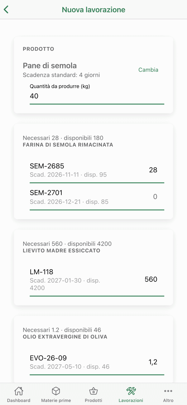 Nuova lavorazione nell'app: ingredienti e lotti già proposti dal sistema