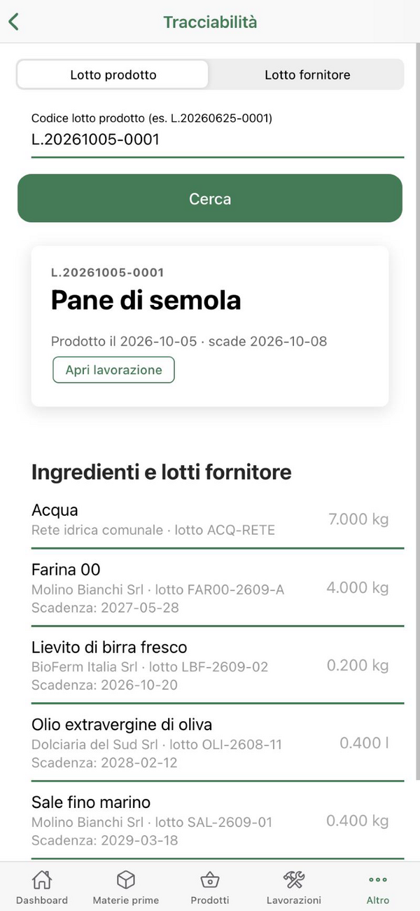 Tracciabilità di un lotto di pane: ingredienti con fornitore, lotto e scadenza